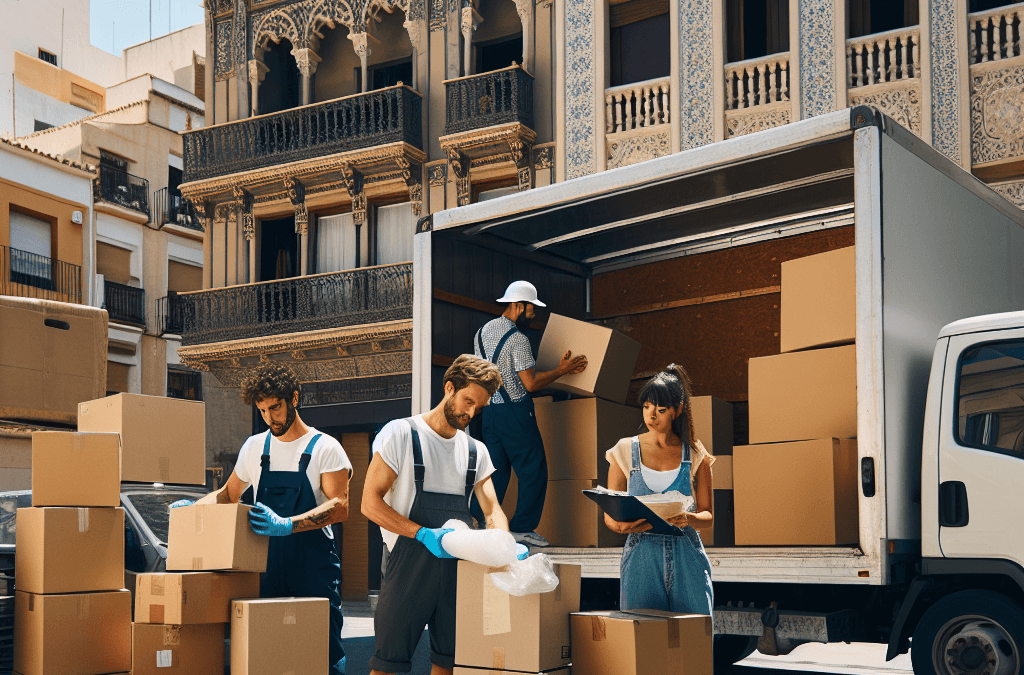 Camión de mudanzas en Valencia con equipo embalando cajas frente a edificio residencial