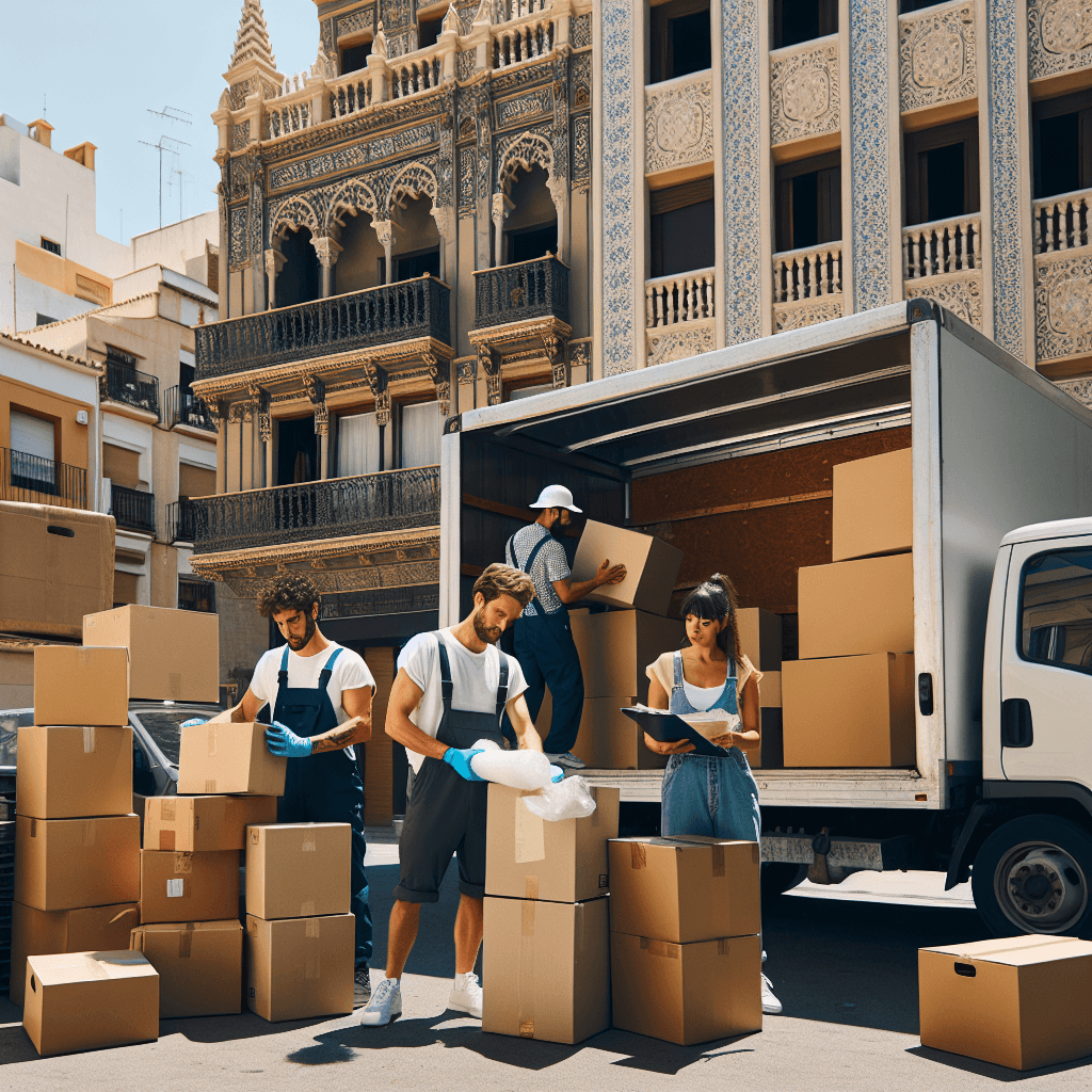 yakkaai_ai_1768476879.png Camión de mudanzas en Valencia con equipo embalando cajas frente a edificio residencial