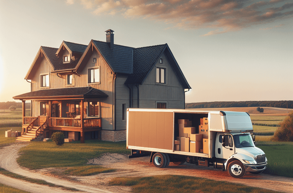 Camión de mudanzas en segunda residencia con cajas y muebles listos para traslado