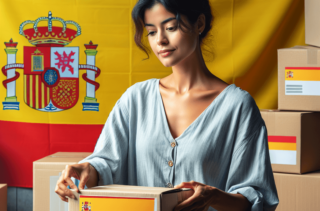 Persona embalando cajas para mudanza internacional con bandera de España