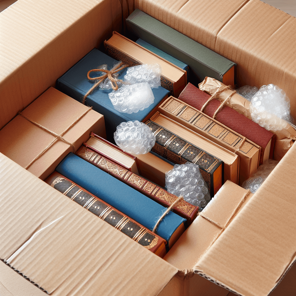 yakkaai_ai_1770291095.png Libros embalados en caja de cartón con protección de papel kraft y plástico de burbujas