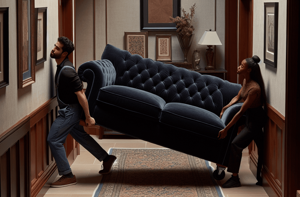 Dos personas moviendo un sofá grande por un pasillo estrecho