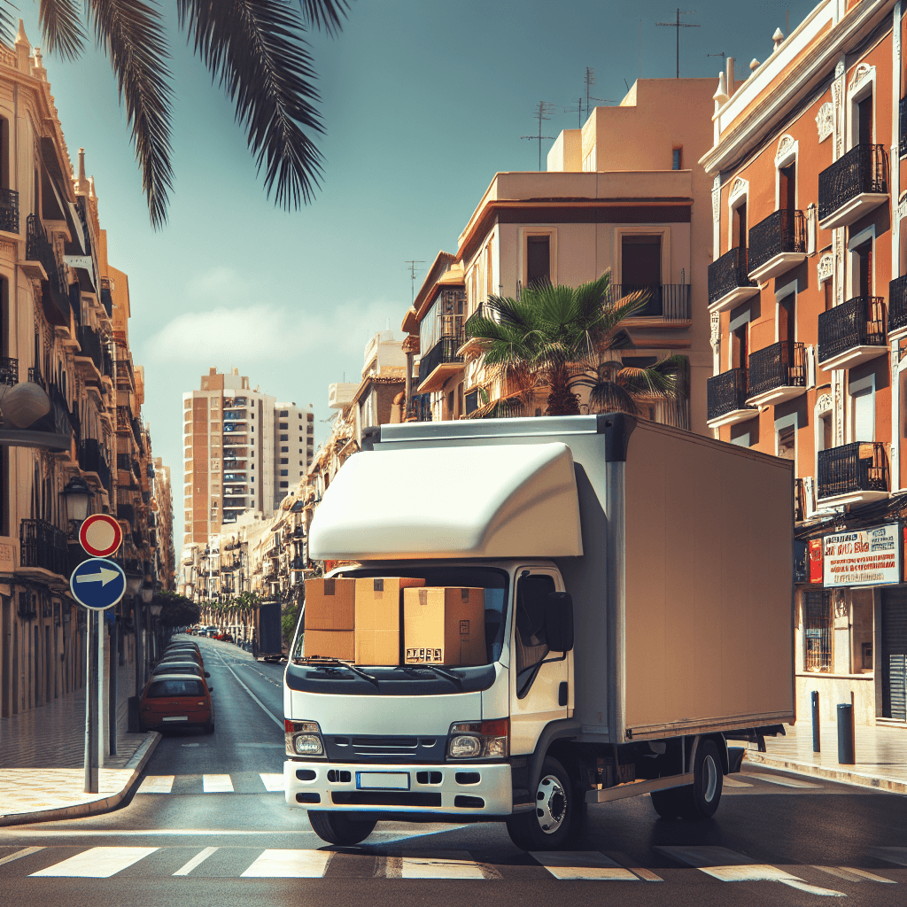 Camión de mudanza en Alicante capital con edificios y palmeras