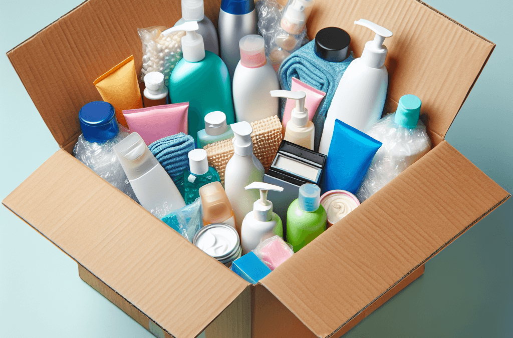 Caja con productos de baño y cosmética embalados con plástico burbuja y material protector