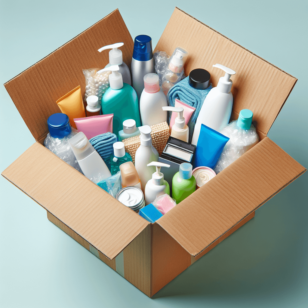 Caja con productos de baño y cosmética embalados con plástico burbuja y material protector