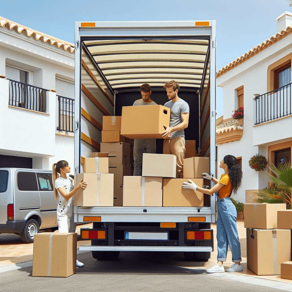 Camión de mudanzas en Torrevieja con cajas y personal cargando