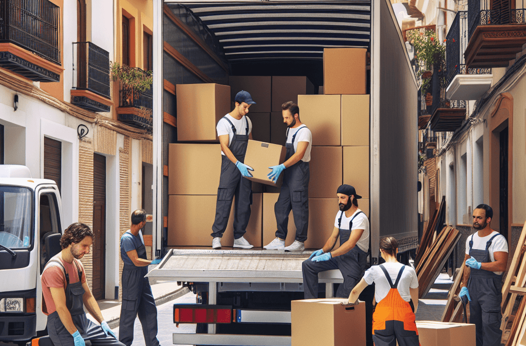 Camión de mudanza en Molina de Segura con trabajadores embalando muebles