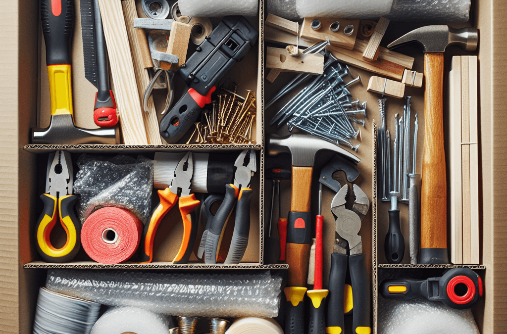 Cajas con herramientas de bricolaje embaladas y protegidas para mudanza