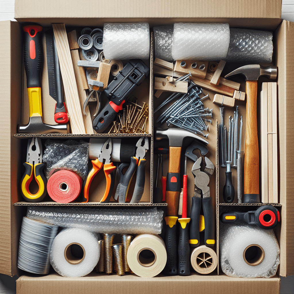 Cajas con herramientas de bricolaje embaladas y protegidas para mudanza