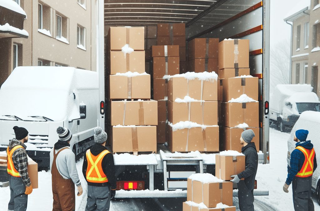 Camión de mudanzas en invierno con nieve y trabajadores cargando cajas