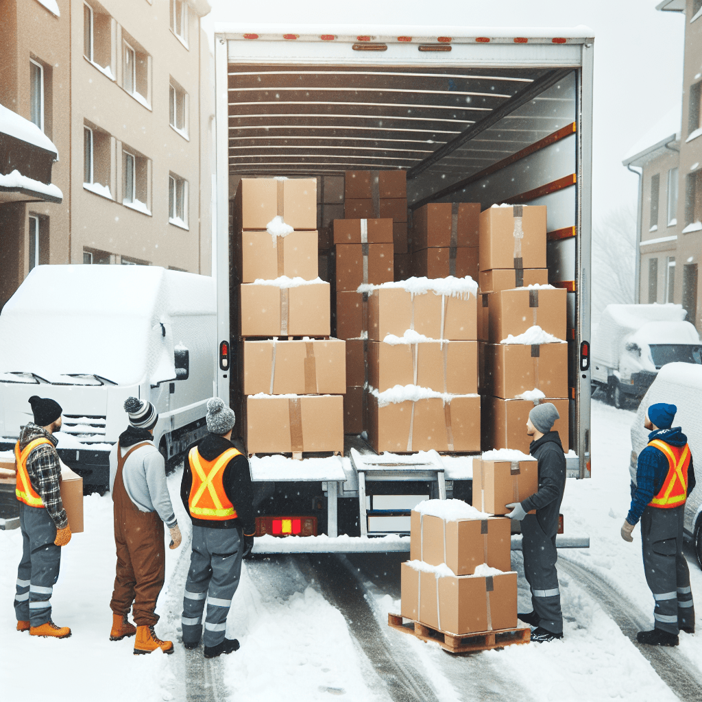 yakkaai_ai_1775993489.png Camión de mudanzas en invierno con nieve y trabajadores cargando cajas