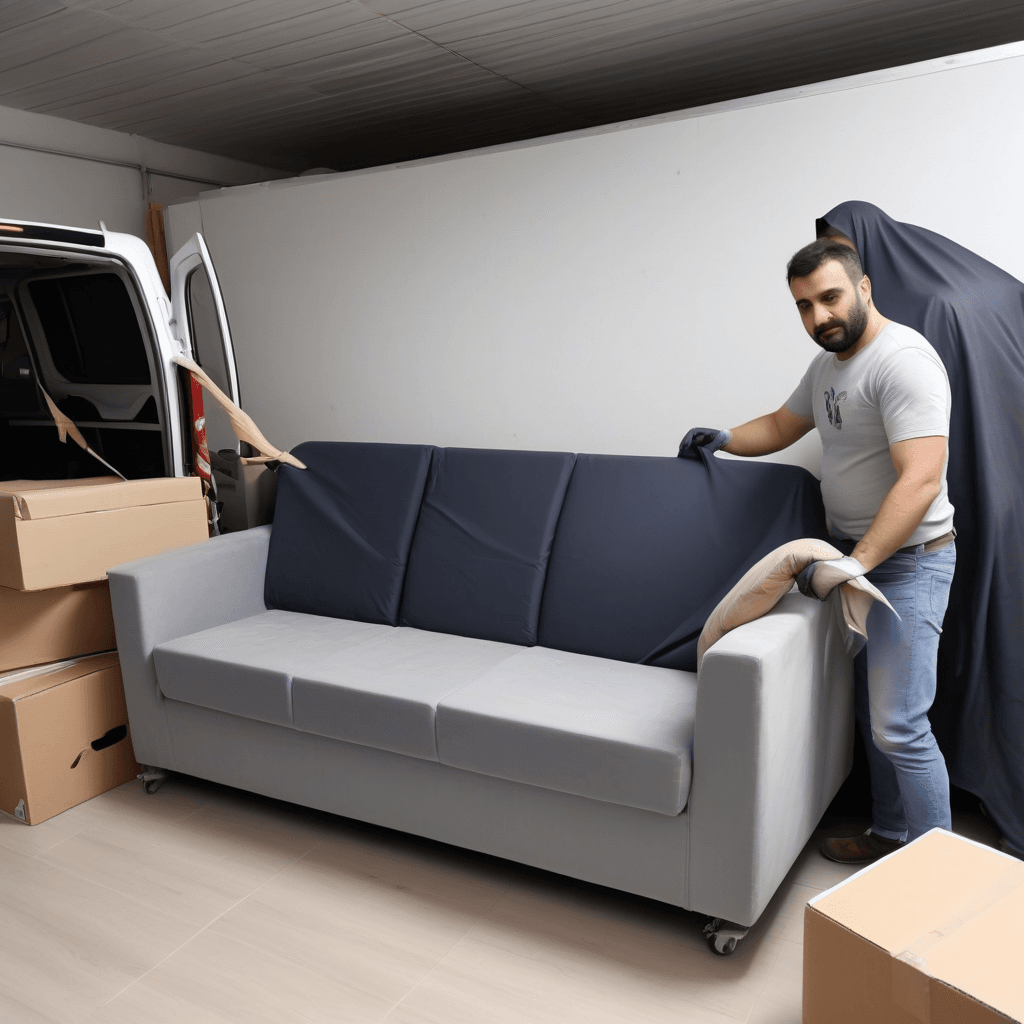 yakkaai_ai_1777449342.png Protección de muebles para transporte de muebles en Murcia: sofá envuelto, embalaje con cantoneras y carga con correas