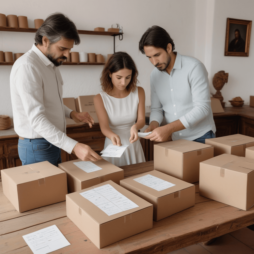yakkaai_ai_1777468732.png Pareja preparando cajas para su mudanza antes de empezar a vivir juntos con etiquetas de inventario y material de embalaje