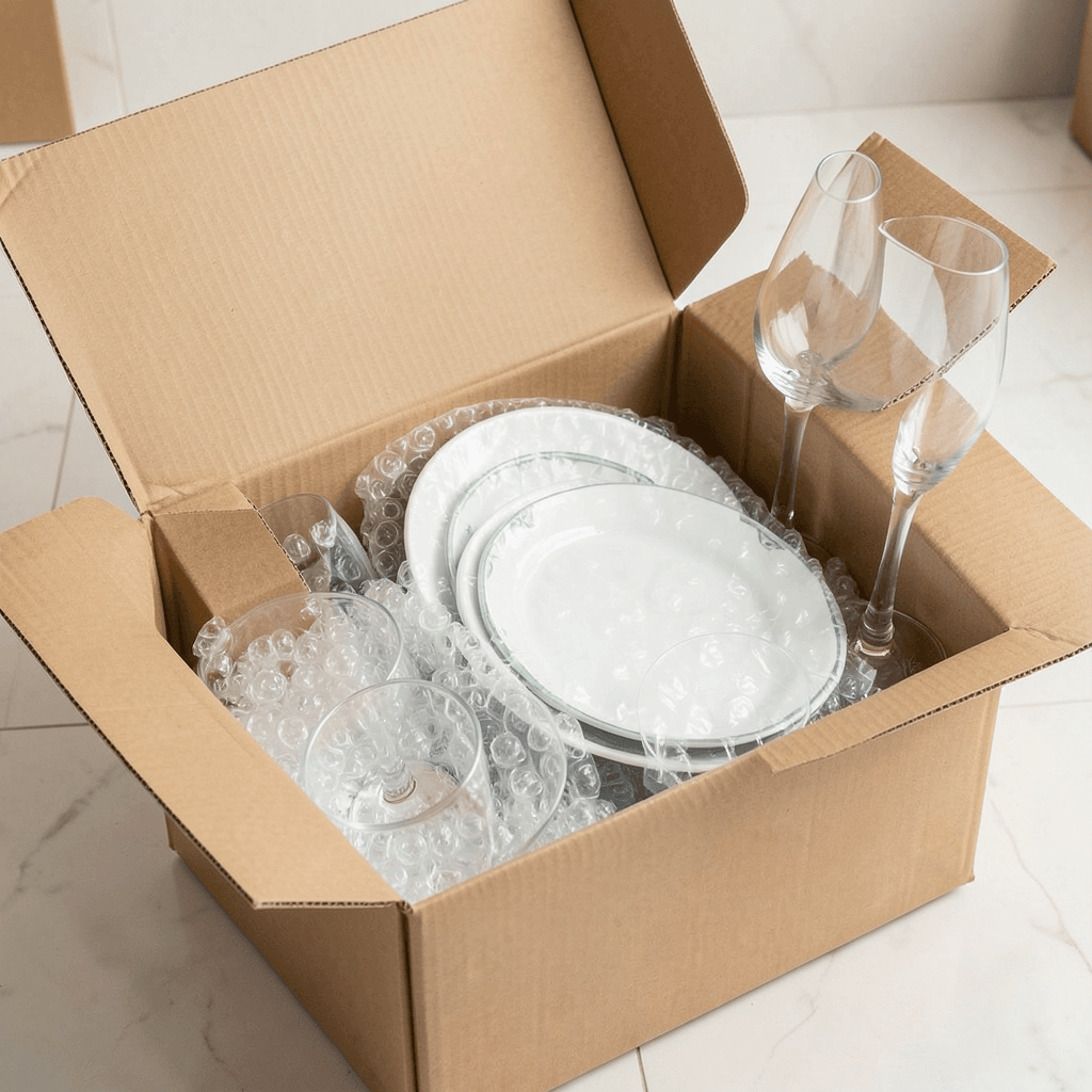 Objetos de cocina frágiles correctamente embalados para mudanza