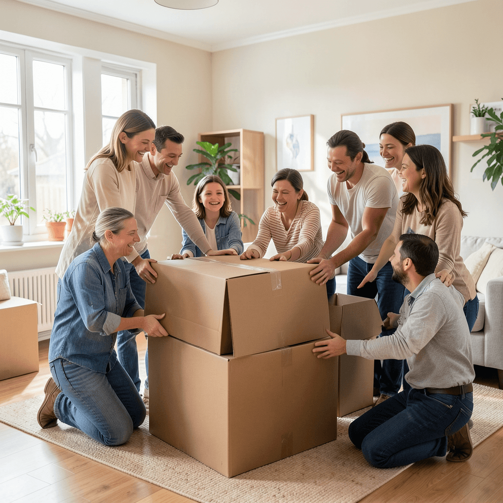 Una familia numerosa colaborando felizmente en el empaquetado de cajas para su mudanza en un salón luminoso. Familia numerosa empacando cajas de mudanza