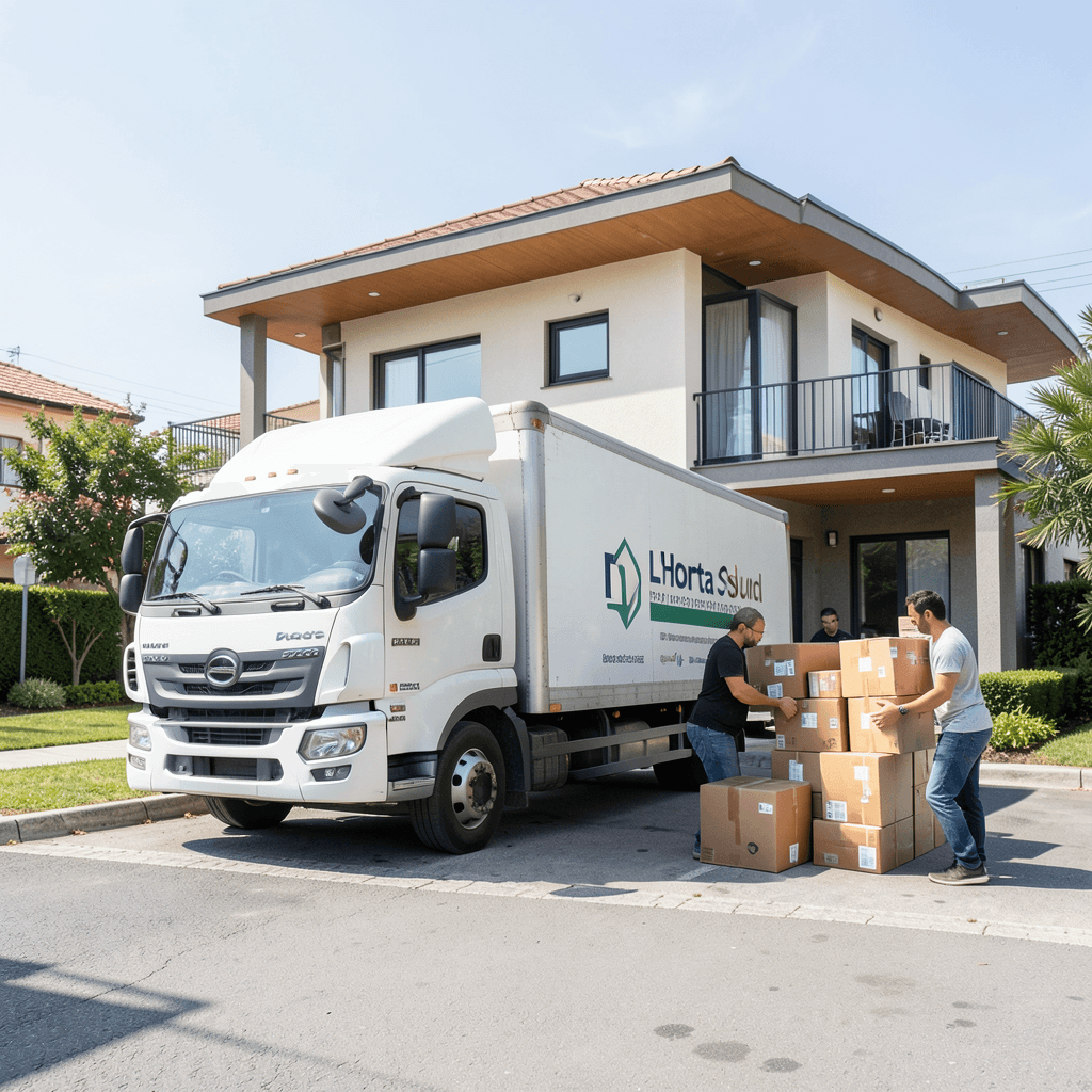 Camión de mudanzas estacionado frente a una vivienda residencial moderna en la comarca de L’Horta Sud, con personal cargando cajas cuidadosamente. Servicio profesional de mudanzas en L'Horta Sud, Valencia