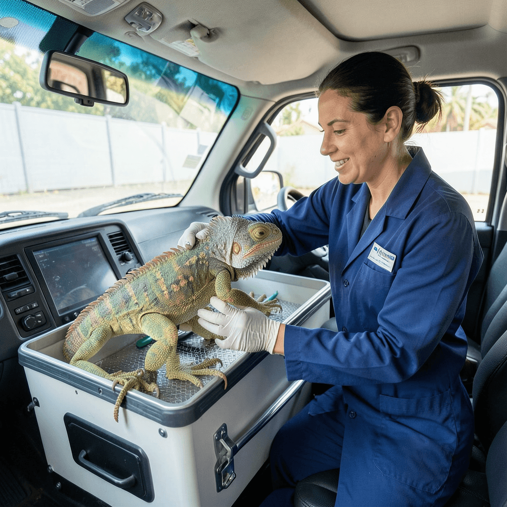 Un veterinario experto asegurando un transportín especializado para una iguana en el interior de un vehículo climatizado. Transporte seguro de mascotas exóticas en vehículo acondicionado