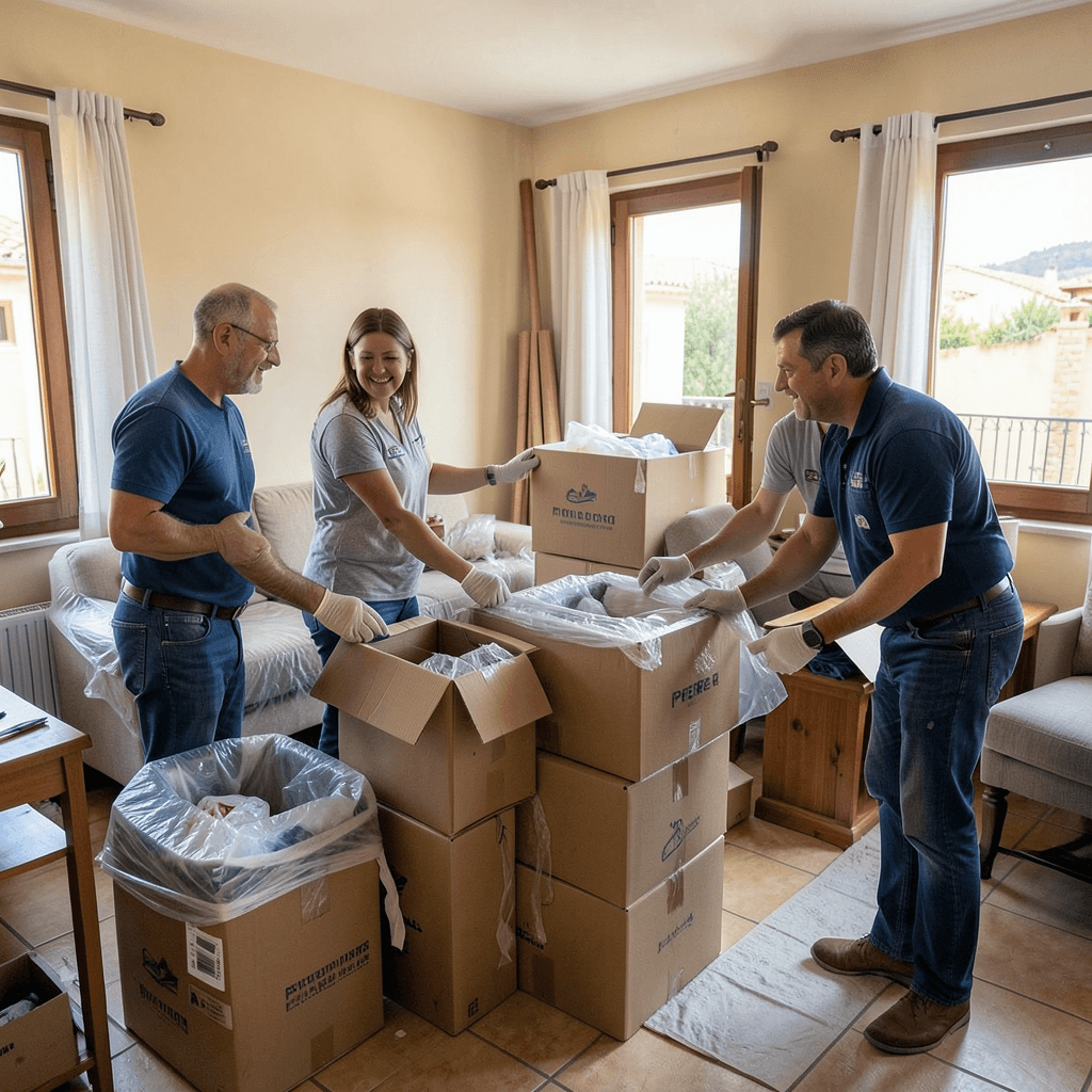 Equipo de profesionales realizando una mudanza eficiente en una vivienda de Petrer, utilizando cajas de cartón y mantas protectoras para los muebles. Profesionales realizando mudanzas en Petrer con cuidado y seguridad