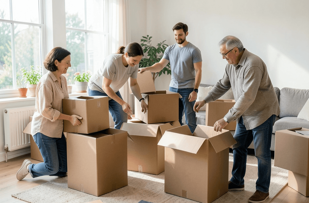 Familia preparándose para una mudanza organizada en casa
