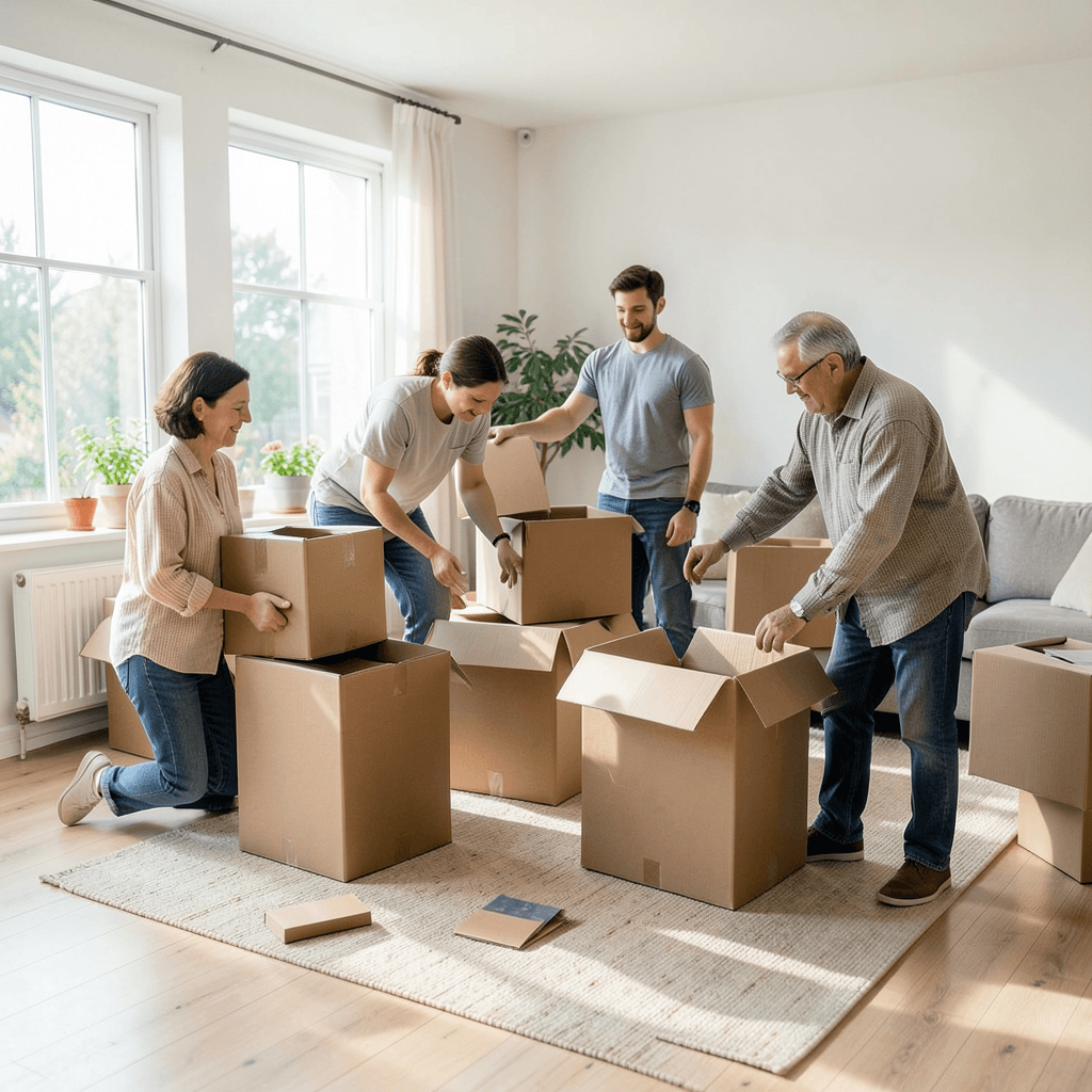 Una familia organizando cajas de cartón en un salón espacioso y luminoso, preparándose para una mudanza tranquila. Familia preparándose para una mudanza organizada en casa