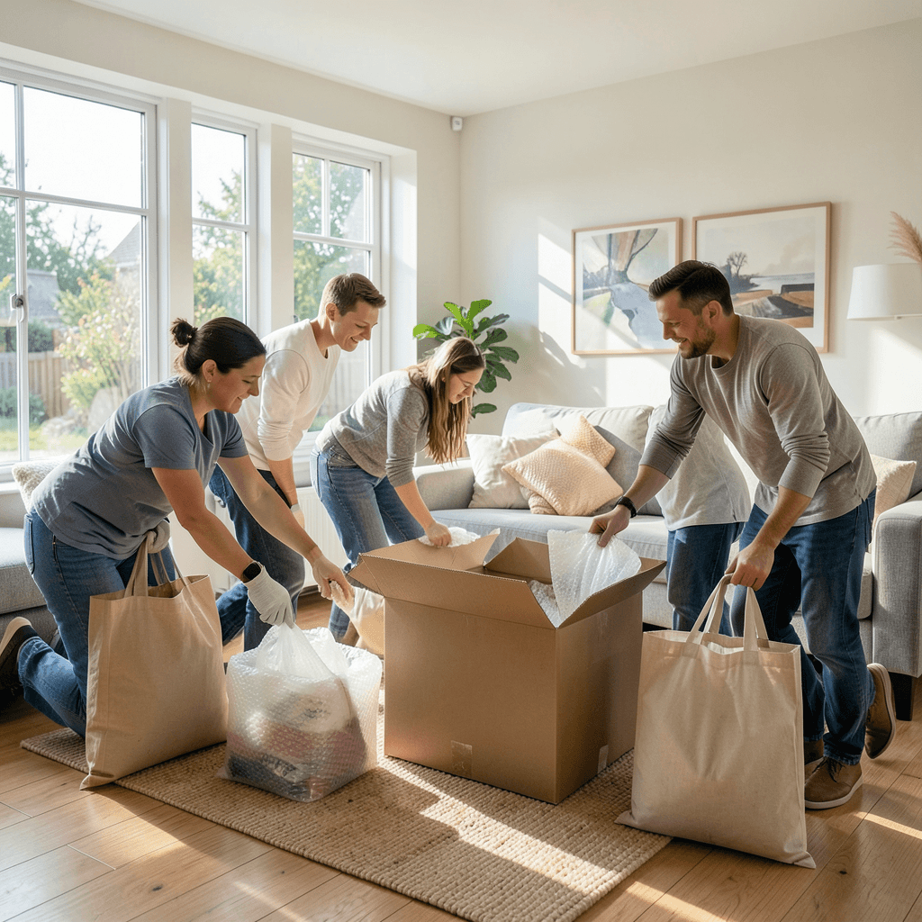 Realistic photograph of a bright living room where people are packing boxes made of recycled brown cardboard, using biodegradable bubble wrap and reusable fabric bags, natural light streaming through large windows, professional composition, high resolution Uso de materiales biodegradables para realizar mudanzas sostenibles y ecológicas