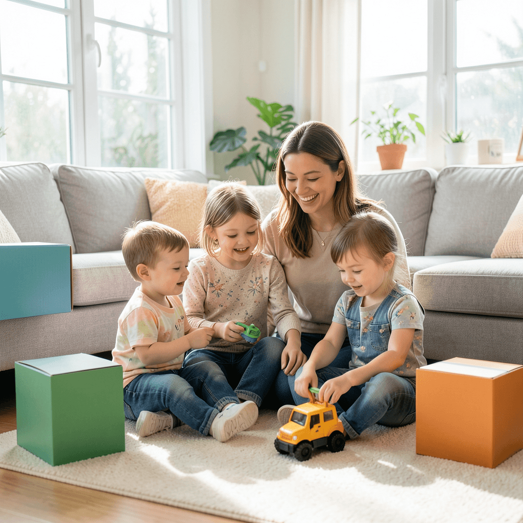 Realistic photograph of a happy young couple and two small children sitting among a few colorful cardboard boxes in a bright, sunlit living room, the children are playing with a toy truck, natural soft lighting, wide shot, professional interior photography Familia feliz organizando su hogar siguiendo una guía para mudanzas con niños pequeños