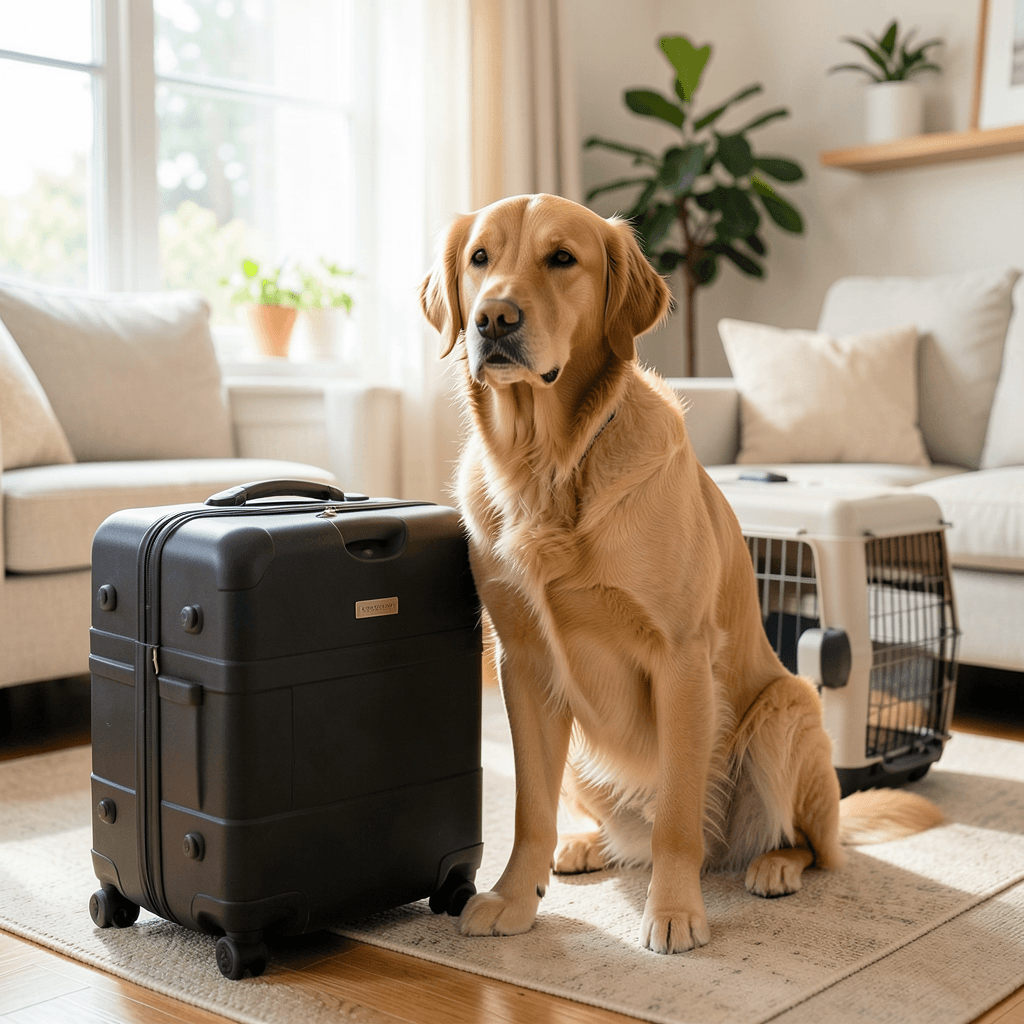 Realistic photograph of a calm golden retriever sitting next to a packed travel suitcase and a pet carrier in a bright living room, soft natural light coming from a window, medium shot, professional quality, warm home atmosphere Perro tranquilo junto a transportín ilustrando cómo hacer una mudanza con mascotas
