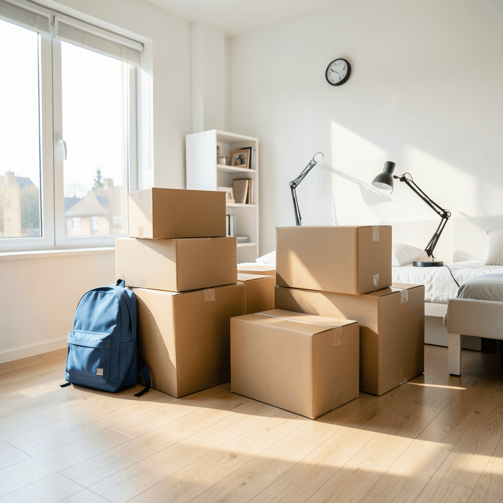 Realistic photograph of a bright, modern student room during a move. Several cardboard boxes are neatly stacked on a light wooden floor, a blue backpack and a desk lamp are visible. Natural sunlight streams through a window, creating a clean and hopeful atmosphere. High quality, professional lighting, wide angle shot. Estudiante organizando su habitación con cajas para mudanzas para estudiantes: consejos prácticos