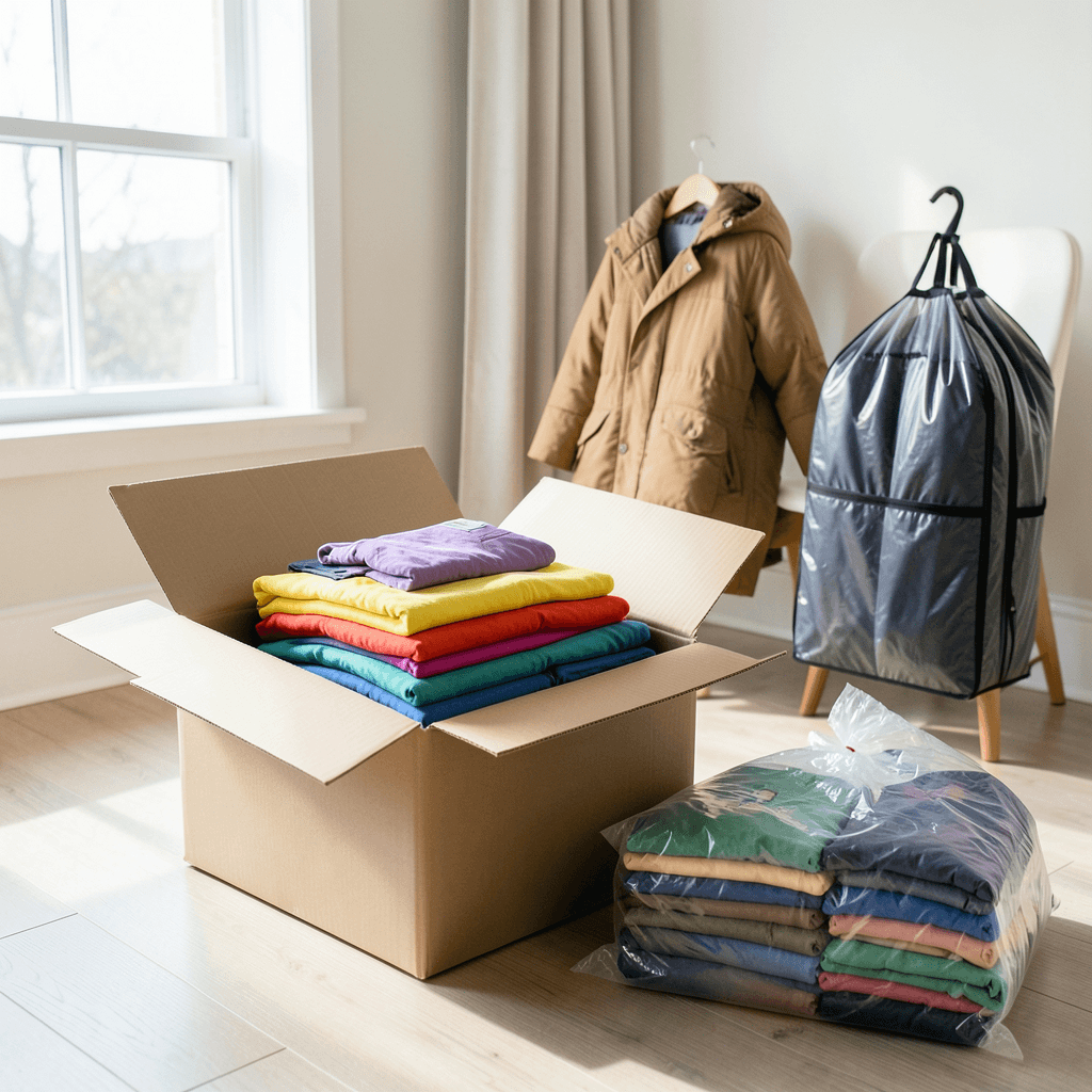 Realistic photograph of a bright, organized room during a move. A high-quality cardboard box is open on a clean floor, filled with perfectly folded colorful clothing using the vertical folding method. Beside the box, there are vacuum-sealed bags with winter coats and a professional garment bag hanging from a nearby chair. Natural morning light coming from a window, professional composition, soft colors, high resolution. Persona organizando cajas siguiendo la guía de cómo embalar ropa para una mudanza
