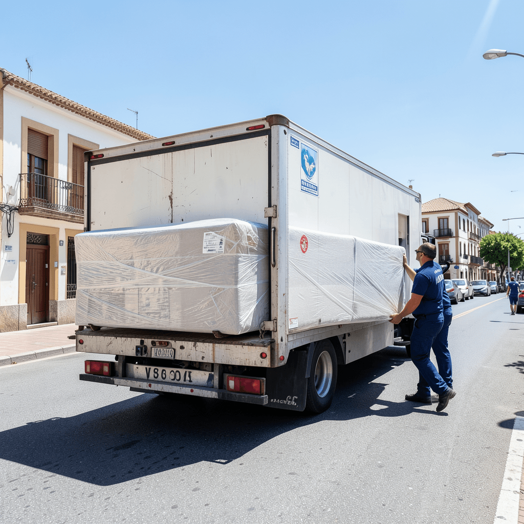 Realistic photograph of a professional moving truck parked on a street in Villena, movers in uniform carrying a large wrapped sofa, bright daylight, clear sky, wide angle shot, high quality professional photography Camión de mudanzas profesional realizando mudanzas en Villena: consejos prácticos y precios
