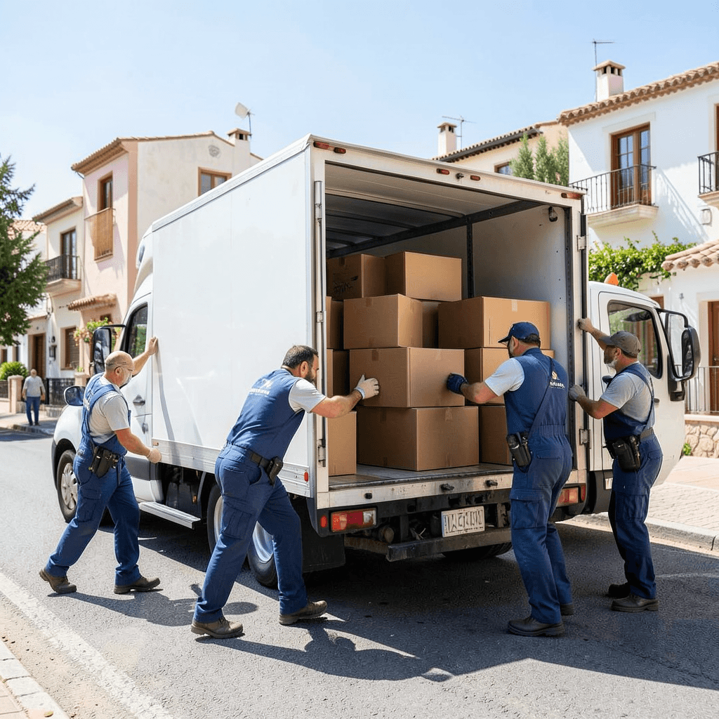 Realistic photograph of a professional moving crew loading cardboard boxes into a clean white moving truck in a sunny residential street of La Nucía, Mediterranean style houses in the background, bright daylight, professional composition, high resolution. Camión de mudanzas siendo cargado con cajas en una calle de La Nucía para mudanzas en La Nucía: recomendaciones