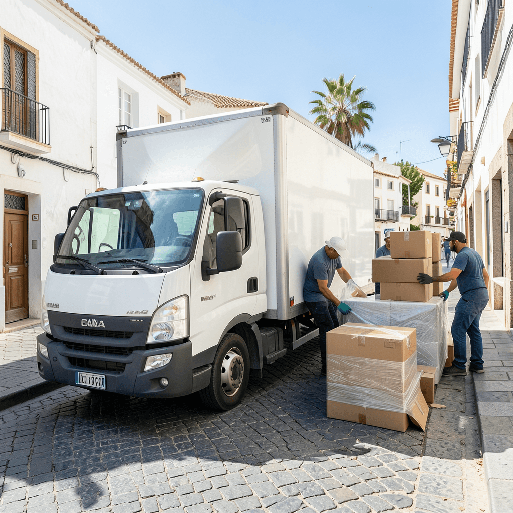 Realistic photograph of a clean white moving truck parked on a sunny street in Calpe, Spain, with professional movers loading cardboard boxes and wrapped furniture, bright Mediterranean light, high resolution, professional composition Camión de transporte para realizar mudanzas en Calpe: cómo ahorrar en tu mudanza