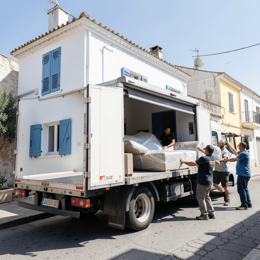 Realistic photograph of a professional moving truck parked on a sunny street in a Mediterranean coastal town, movers carefully carrying a wrapped sofa into a white house with blue shutters, bright natural daylight, wide shot, professional photography Camión de Mudanzas en la Marina Alta: guía completa para traslados
