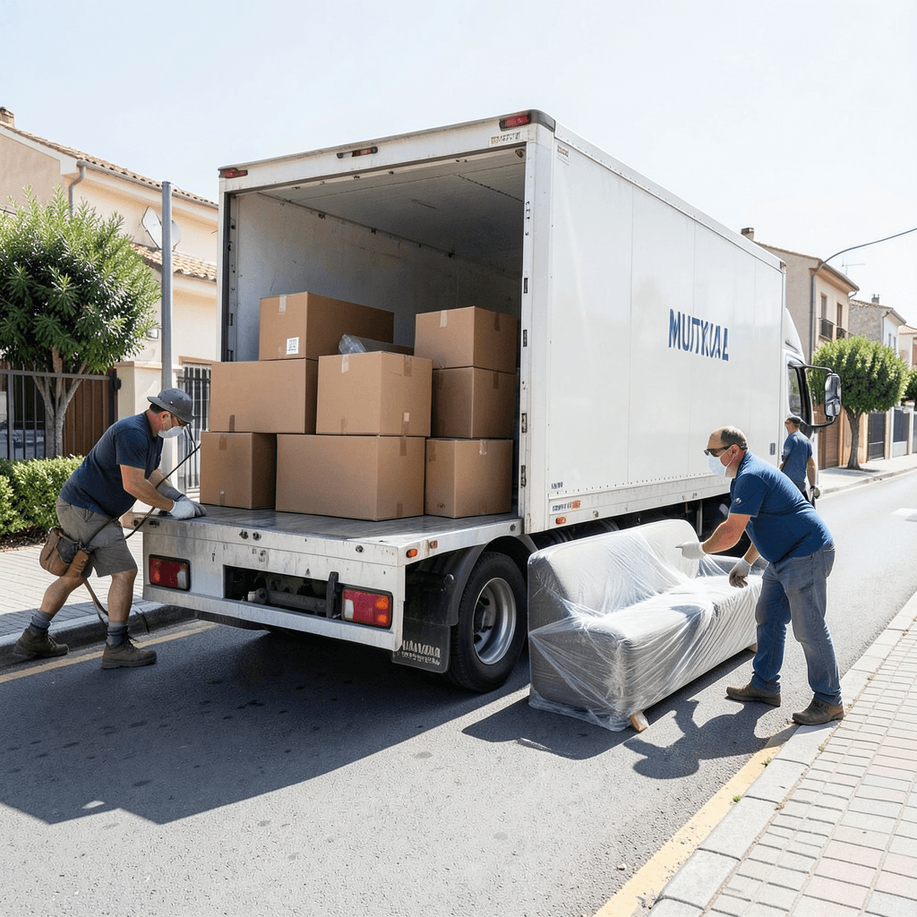Realistic photograph of a professional moving truck parked on a clean street in a residential area of Mutxamel, with movers carefully loading cardboard boxes and a wrapped sofa, bright daylight, medium shot, professional high-resolution photography Camión de transporte profesional realizando mudanzas en Mutxamel: guía práctica