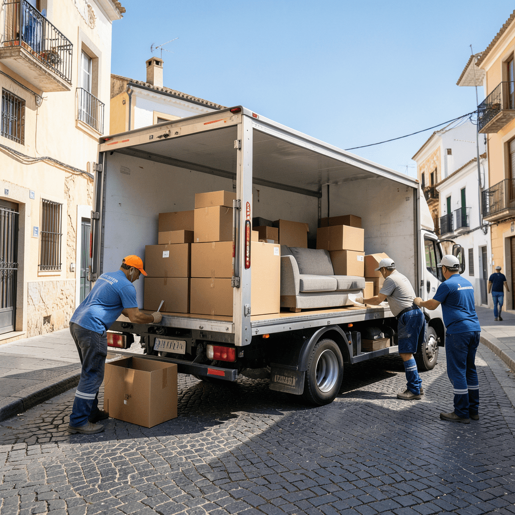 Realistic photograph of a professional moving truck parked on a sunny street in El Campello, with movers carefully loading cardboard boxes and a sofa, bright Mediterranean light, professional quality, wide shot. Camión de mudanzas en El Campello: consejos y precios para traslados