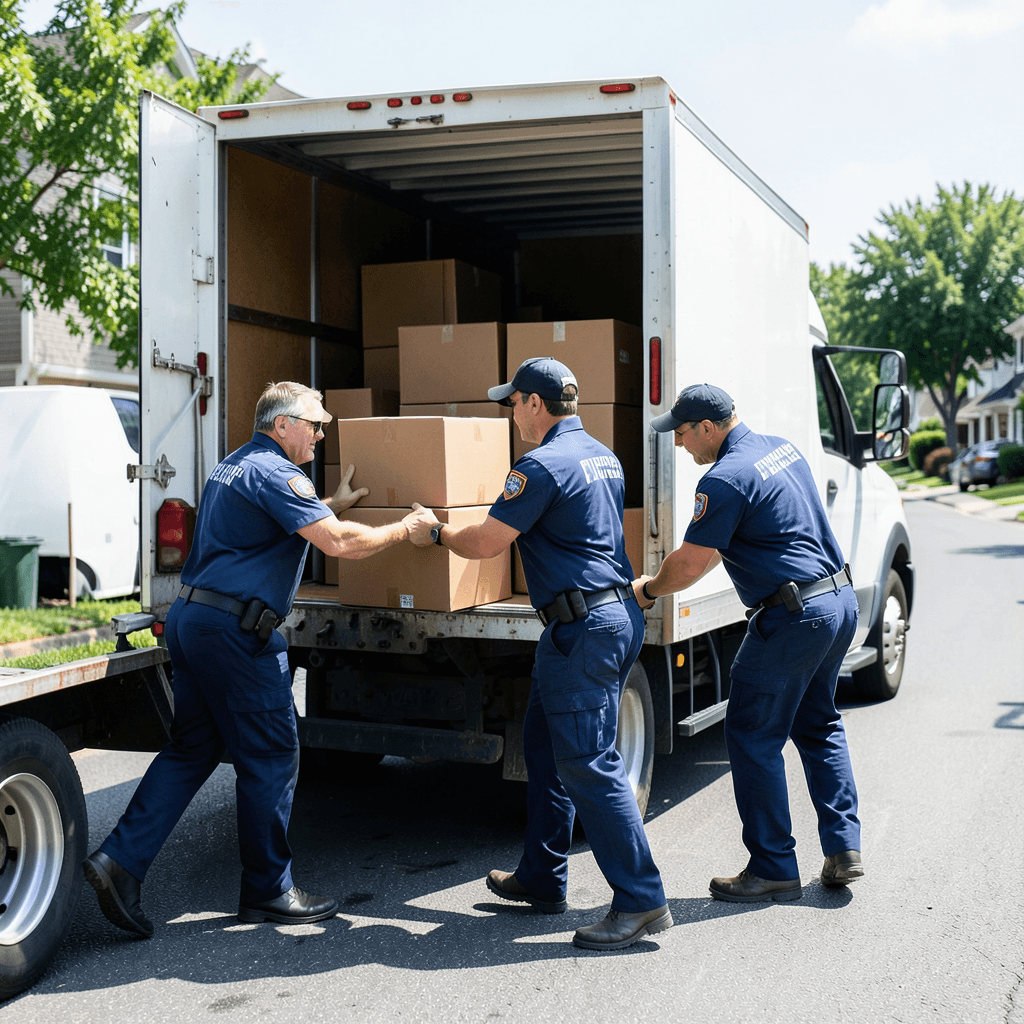 Realistic photograph of a professional moving team efficiently loading brown cardboard boxes into a large white moving truck, bright daylight, action shot showing motion, professional uniforms, residential street background, high resolution, sharp focus Equipo profesional realizando mudanzas urgentes: qué hacer cuando no hay tiempo cargando un camión