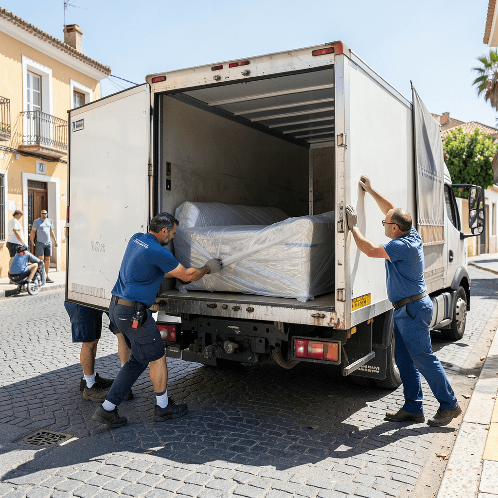 Realistic photograph of a professional moving truck parked on a sunny street in Alicante, movers in uniforms carefully loading a wrapped sofa into the vehicle, bright Mediterranean light, medium shot, high resolution, professional quality Camión de mudanzas urgentes en Alicante cargando mobiliario protegido