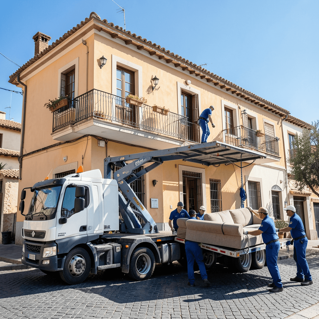 Realistic photograph of a professional moving truck with a hydraulic lift platform extended to a second-floor balcony of a Mediterranean apartment building in Alicante, bright daylight, clear blue sky, professional movers in uniforms handling a large sofa, high resolution, cinematic lighting Mudanza con plataforma elevadora para conocer los precios reales de una mudanza urgente 24h en Alicante