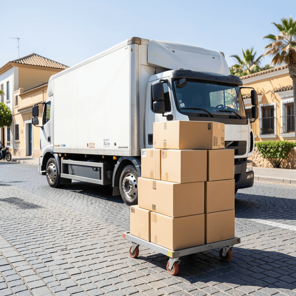 Realistic photograph of a professional moving truck parked on a sunny street in Alicante, with cardboard boxes neatly stacked on a dolly in the foreground, bright natural light, professional composition, high resolution stock photo. Camión de mudanzas económicas en Alicante con cajas organizadas para traslado.
