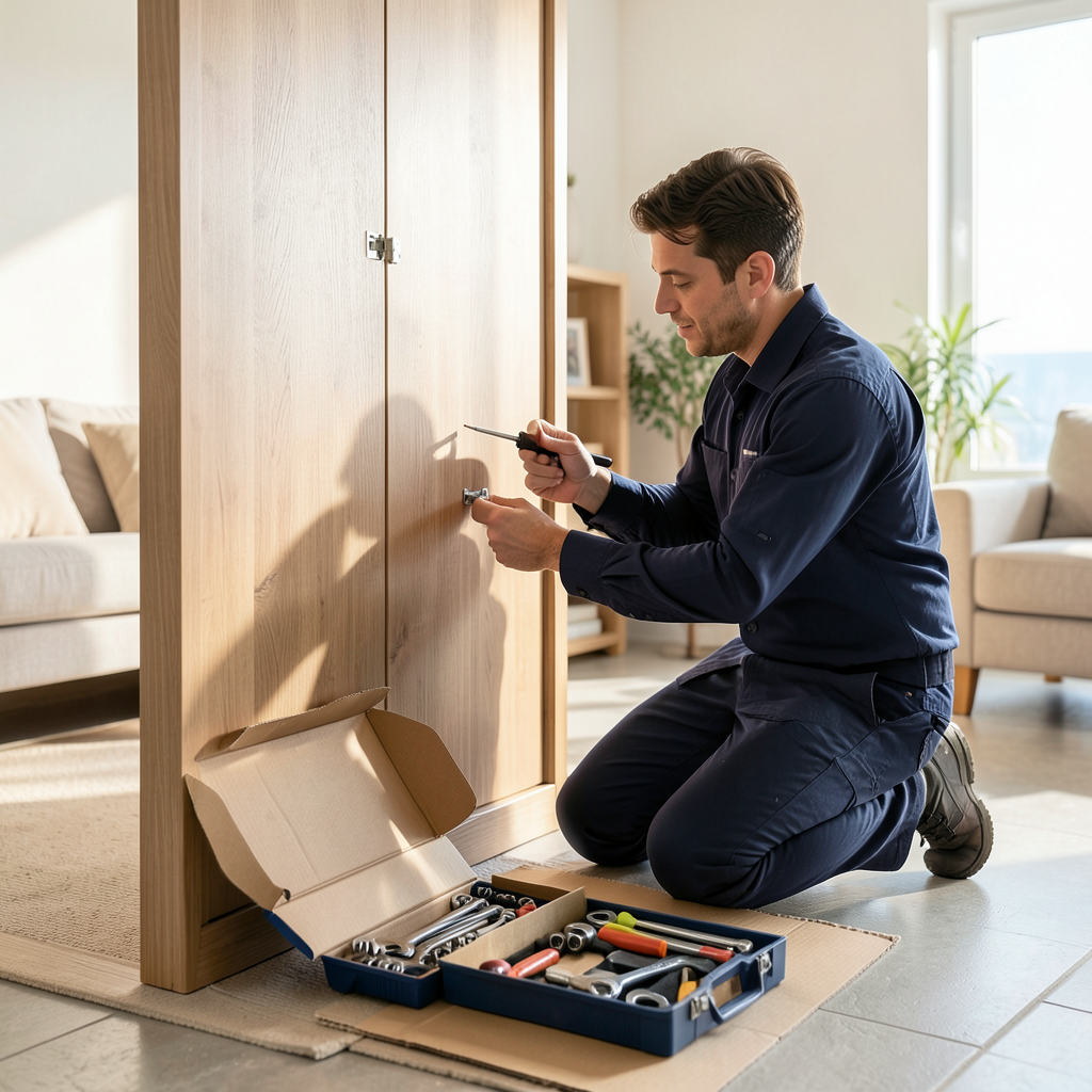 Professional furniture assembler in a navy blue uniform tightening the hinge of a wooden wardrobe door with a screwdriver in a bright, modern Mediterranean living room, an open toolbox with hex keys and wrenches on the floor, protected by cardboard, warm natural daylight through a large window, sea light tones of beige and wood, medium shot at eye level, focused and tidy working atmosphere, realistic professional photography Montador profesional realizando el montaje de muebles en Benidorm con herramientas