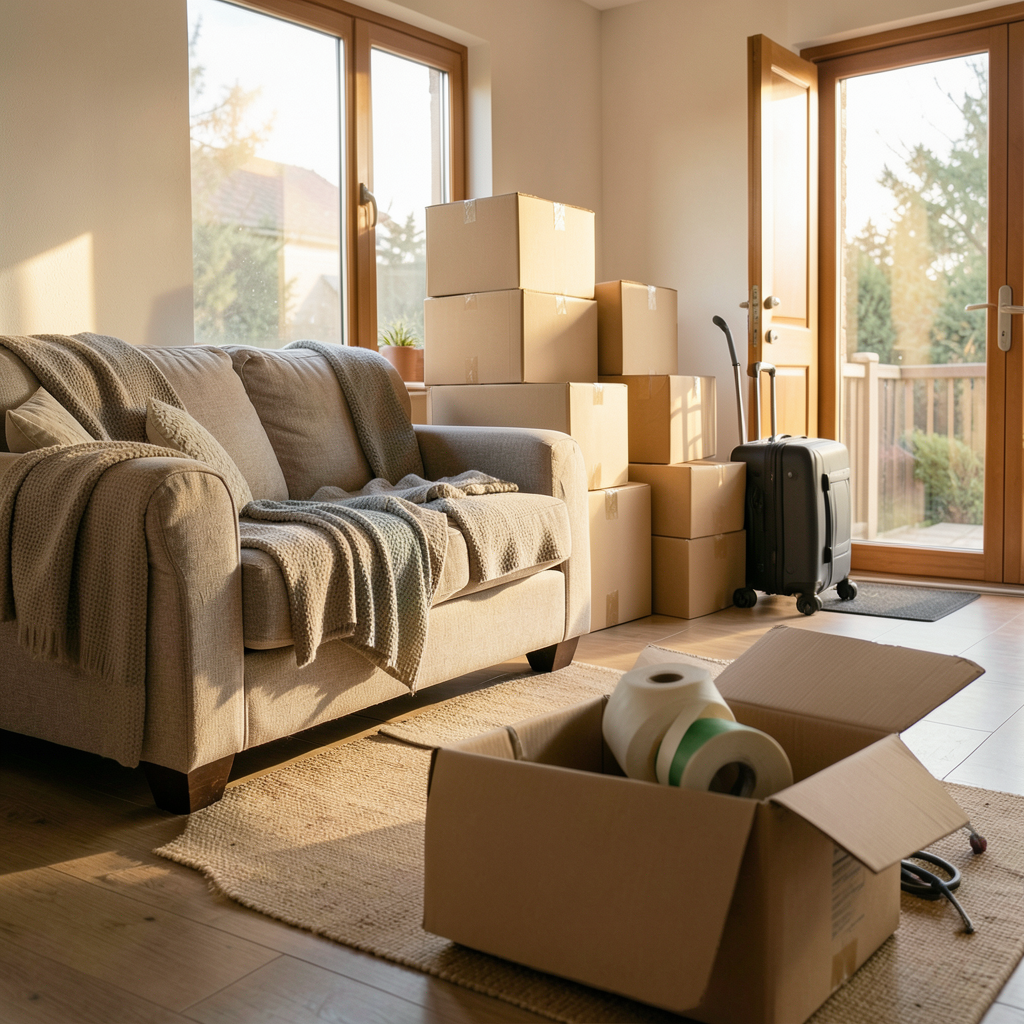 Fotografía profesional de una vivienda luminosa en pleno proceso de mudanza: cajas de cartón selladas apiladas de forma ordenada junto a un sofá cubierto con mantas protectoras, maletas cerradas junto a la puerta de entrada y un rodillo de cinta sobre una caja abierta en primer plano, luz natural cálida de tarde entrando por un gran ventanal, tonos cálidos y neutros, encuadre amplio horizontal, ambiente ordenado y tranquilo, calidad de fotografía de stock realista sin ningún tipo de texto ni carteles. Guía para mudanzas de larga distancia en España: cajas selladas y muebles embalados en un salón luminoso